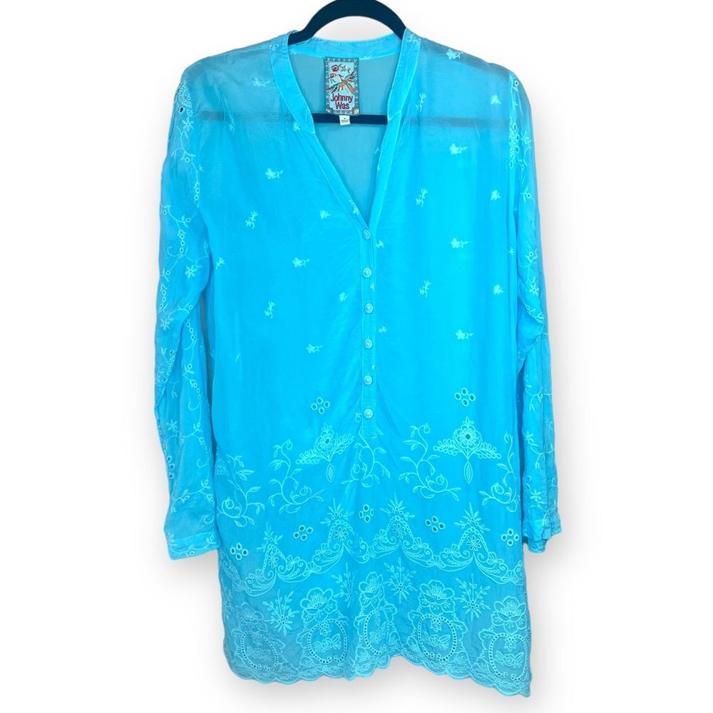 Johnny Was Turquoise Embroidered V-Neck Tunic - Picture 7 of 7